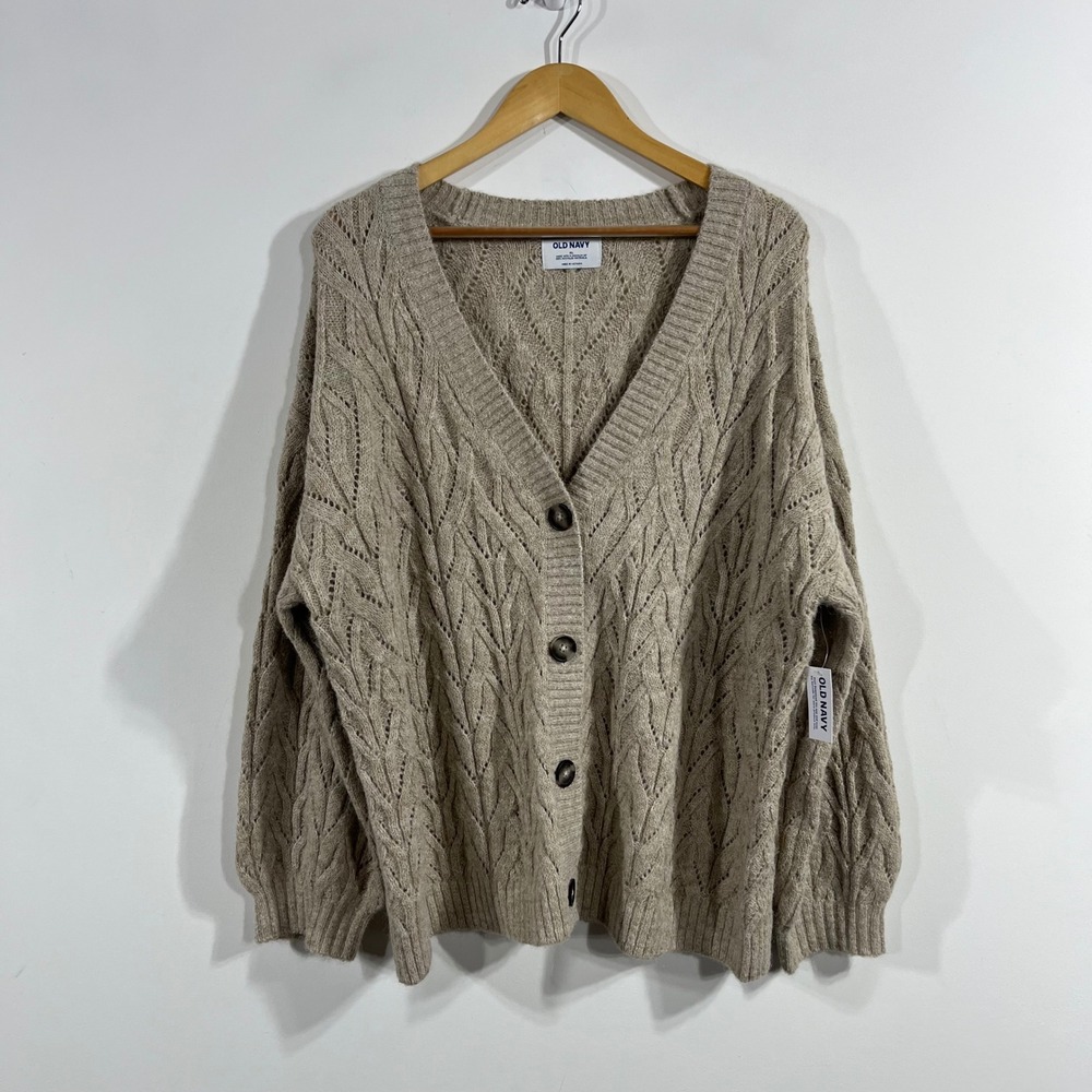 Old Navy Fisherman Granola Beige Cable Knit Pointelle Cardigan Sweater Womens XL